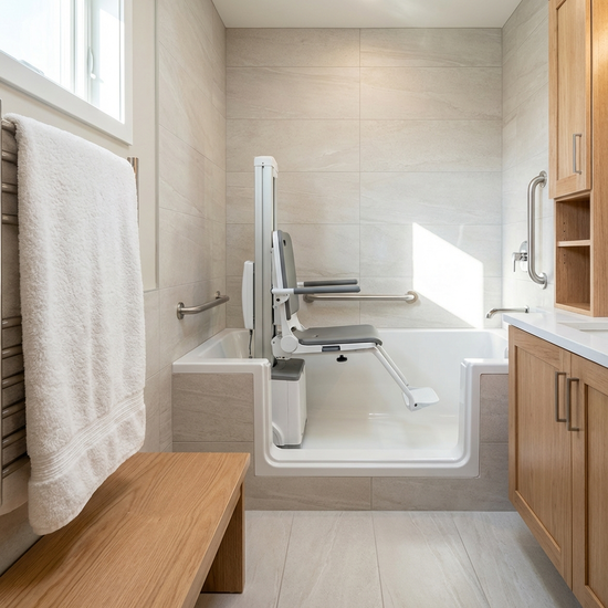 Ein gepflegtes Badezimmer mit einem modernen, sicheren Badewannenlift. Helle Fliesen, ein flauschiges Handtuch liegt bereit, barrierefreies und komfortables Wohnen.