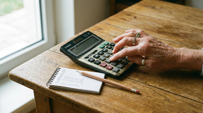 Eine nah aufgenommene Szene: Ein Taschenrechner, ein Notizblock und ein Stift liegen auf einem Holztisch. Eine ältere Hand tippt auf den Taschenrechner. Sanftes Tageslicht, saubere und aufgeräumte Umgebung.