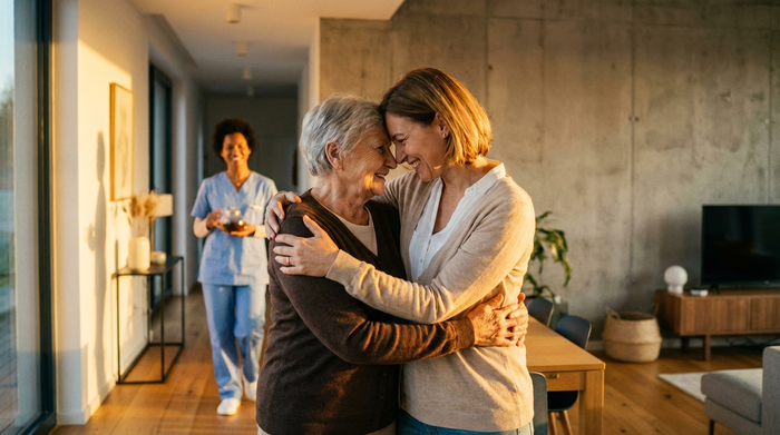 Eine erwachsene Tochter umarmt ihre ältere Mutter liebevoll im Flur eines modernen Hauses. Im Hintergrund steht unscharf eine Pflegekraft, die freundlich lächelt. Realistische Szene, warme Beleuchtung.