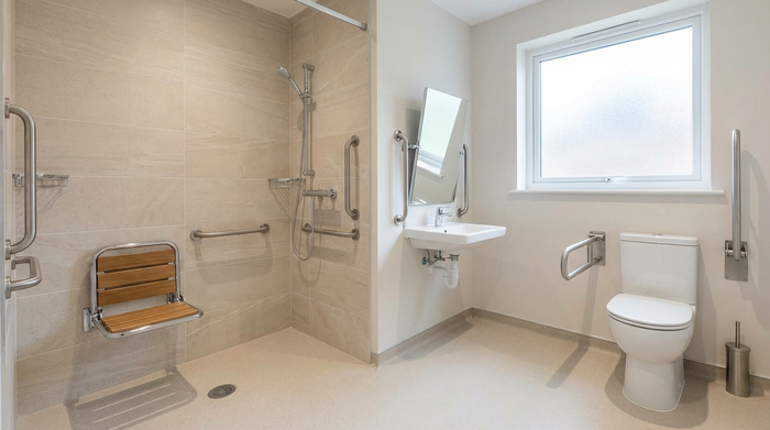 Ein modern renoviertes, barrierefreies Badezimmer mit einer bodengleichen Dusche, Haltegriffen und einem klappbaren Duschsitz. Helle Fliesen, sauberes und sicheres Ambiente ohne Text.