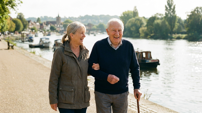 Eine fürsorgliche Betreuungskraft und ein älterer Herr spazieren an einem sonnigen Tag an einer Uferpromenade. Beide lachen und wirken entspannt. Im Hintergrund ist leicht verschwommen eine Flusslandschaft zu erkennen.