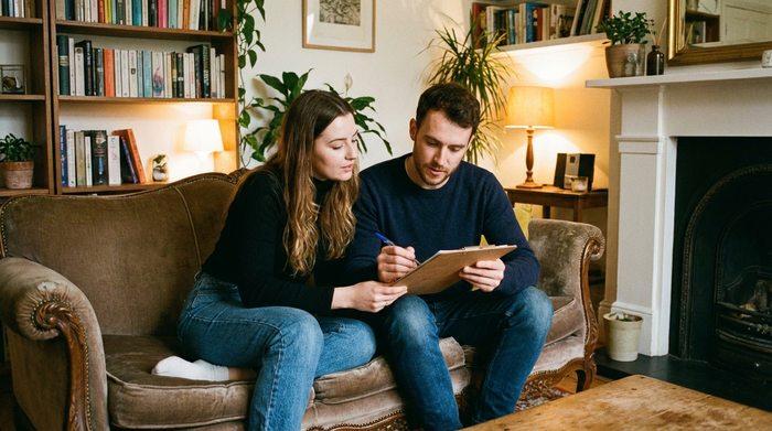 Zwei Personen sitzen auf einem Sofa und schauen gemeinsam auf ein Dokument in einem Klemmbrett. Eine Person hält einen Stift. Fokussierte, ruhige Beratungssituation in einem gemütlichen Wohnzimmer.