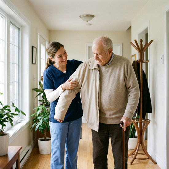 Eine freundliche Pflegekraft hilft einem älteren Herrn behutsam beim Anziehen einer hellen Jacke im gut beleuchteten, sauberen Flur eines Wohnhauses.