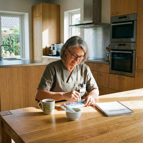 Eine erfahrene Krankenschwester bereitet an einem sauberen Holztisch in einer modernen Küche sorgfältig Medikamente vor.