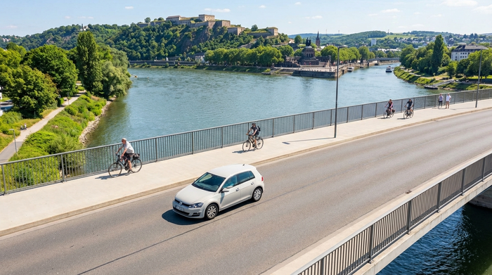Ein neutrales weißes Auto fährt an einem sonnigen Tag über eine breite Brücke in Koblenz, im Hintergrund ist der Rhein und eine grüne Uferlandschaft zu sehen.