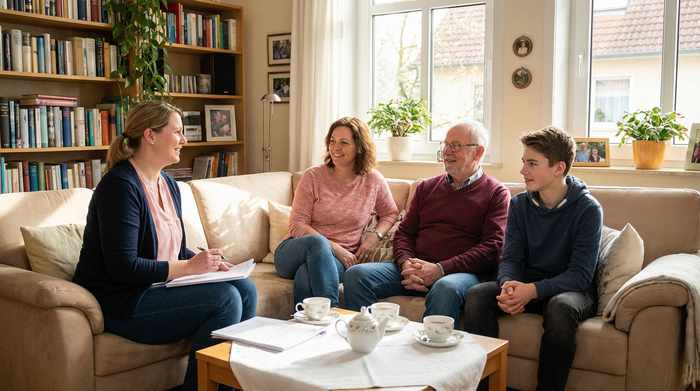 Eine sympathische Pflegeberaterin sitzt mit einer Familie auf einem gemütlichen Sofa im Wohnzimmer und bespricht entspannt die aktuelle Lebenssituation.