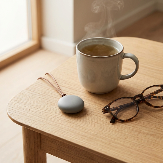 Ein moderner, unauffälliger Hausnotruf-Sender liegt auf einem hellen Holztisch neben einer dampfenden Tasse Tee und einer Lesebrille.