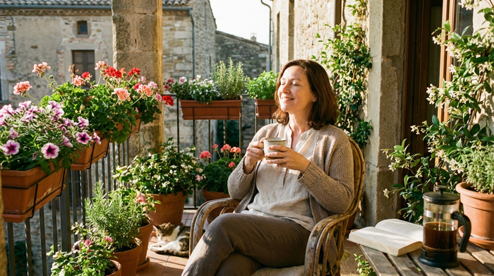 Eine entspannte Frau mittleren Alters trinkt in Ruhe eine Tasse Kaffee auf einem sonnigen Balkon, umgeben von blühenden Topfpflanzen.