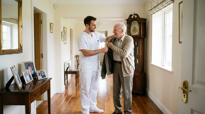 Ein lächelnder männlicher Pfleger in weißer Arbeitskleidung hilft einem älteren Herrn beim Anziehen einer Jacke im Flur eines gepflegten Hauses. Helle Beleuchtung, saubere Umgebung, realistische Szene ohne Schriftzüge.