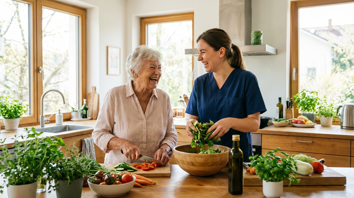 Zwei Frauen, eine ältere Dame und eine jüngere Betreuerin, bereiten gemeinsam in einer modernen, sonnigen Küche einen frischen Salat zu. Beide lachen, warme und familiäre Stimmung, keine Schriftzüge.