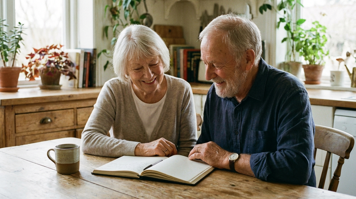 Ein älteres Ehepaar sitzt am Küchentisch und schaut entspannt auf ein Notizbuch. Eine Kaffeetasse steht auf dem Tisch. Friedliche Atmosphäre, weiches Licht, fokussiert auf die Gesichter.