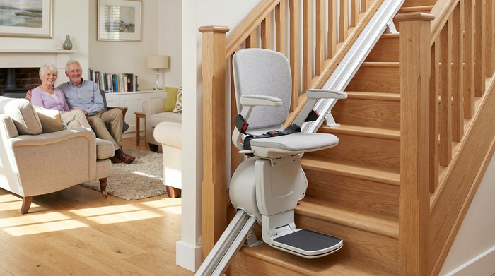 Ein moderner Treppenlift ist an einer hellen Holztreppe in einem gepflegten Einfamilienhaus installiert. Im Hintergrund sieht man ein gemütliches Wohnzimmer. Fokus auf sicheres Wohnen im Alter, fotorealistisch.