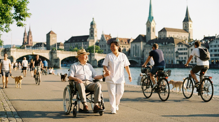 Ein älterer Herr im Rollstuhl macht mit seiner Betreuerin einen Spaziergang an einer sonnigen Flusspromenade. Im Hintergrund ist leicht verschwommen eine historische Stadtlandschaft zu erkennen. Entspannte, glückliche Szene.