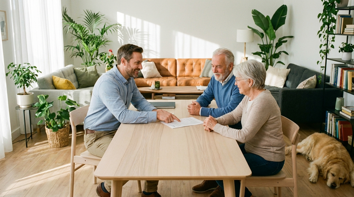Ein freundlicher Pflegeberater sitzt mit einem älteren Ehepaar an einem hellen Holztisch und bespricht Dokumente. Warme, vertrauensvolle Atmosphäre, modernes Wohnzimmer.