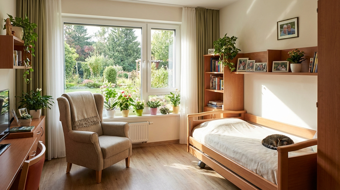 Ein gemütliches, lichtdurchflutetes Einzelzimmer in einer modernen Seniorenresidenz mit bequemem Sessel, Zimmerpflanzen und einem großen Fenster mit Blick ins Grüne.