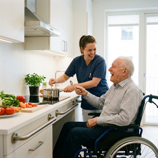 Eine engagierte Pflegekraft lacht gemeinsam mit einem Senioren beim Kochen in einer modernen, barrierefreien Küche. Helle Beleuchtung, saubere Umgebung, realistische Szene.