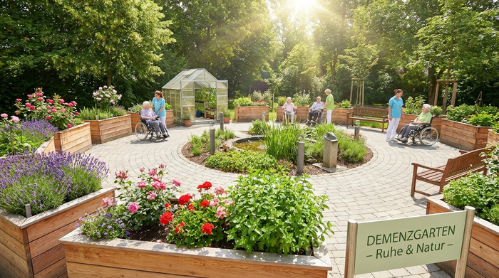 Ein barrierefreier, begrünter Demenzgarten mit rollstuhlgerechten Hochbeeten, bunten Blumen und einem gepflasterten Rundweg, sonniges Wetter, ruhige Atmosphäre.