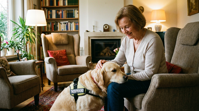 Eine ältere, lächelnde Frau streichelt liebevoll einen ruhigen Therapiehund, der seinen Kopf auf ihren Schoß legt, gemütliches Wohnzimmer-Ambiente.