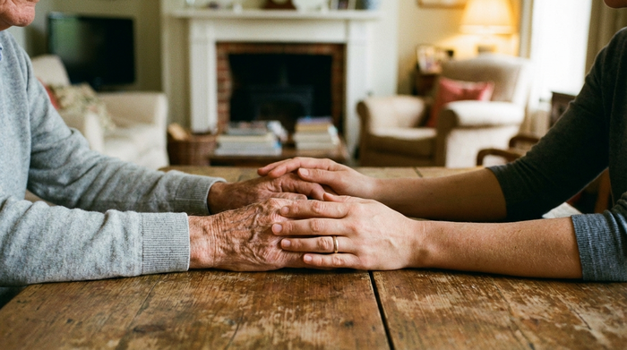 Die Hände einer jüngeren Frau halten tröstend die Hände eines älteren Mannes auf einem Holztisch, im Hintergrund unscharf ein gemütliches Wohnzimmer.