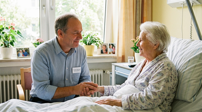 Ein freundlicher Sozialarbeiter im Gespräch mit einer älteren Dame in einem hellen Krankenhauszimmer. Professionelle und empathische Ausstrahlung, realistische und beruhigende Szene.