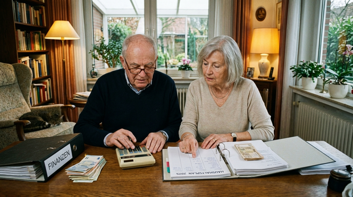 Ein älteres Ehepaar sitzt mit einem Taschenrechner und Notizen an einem aufgeräumten Schreibtisch und plant konzentriert die Finanzen. Ernsthafte, aber ruhige Stimmung in einem gemütlichen Arbeitszimmer.