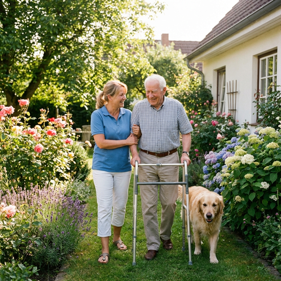 Eine freundliche Pflegekraft hilft einem lächelnden Senior beim Spaziergang im eigenen, blühenden Garten. Sonniges Wetter, vertraute Umgebung, herzliche Interaktion.