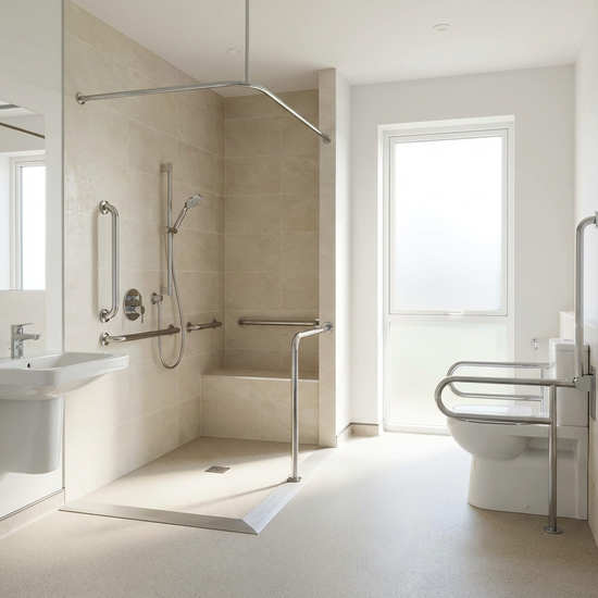 Ein modernes, barrierefreies Badezimmer mit bodengleicher Dusche und stabilen Haltegriffen. Helle Fliesen, sauberes und sicheres Umfeld ohne Text.