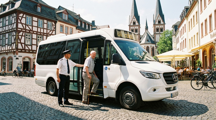 Ein moderner, weißer Kleinbus mit geöffneter Seitentür steht in einer malerischen Straße in der Koblenzer Altstadt. Ein freundlicher Fahrer hilft einem lächelnden älteren Herrn mit Gehstock behutsam beim Einsteigen. Sonniges Wetter, historische Gebäude im Hintergrund, realistische Szene.