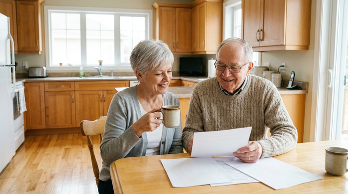 Ein älteres Ehepaar sitzt gemeinsam am Küchentisch und betrachtet entspannt einige Dokumente. Die Frau hält eine Kaffeetasse, der Mann lächelt beruhigt. Helle, aufgeräumte Küche, warme Holztöne, realistische Fotografie ohne Text auf den Papieren.
