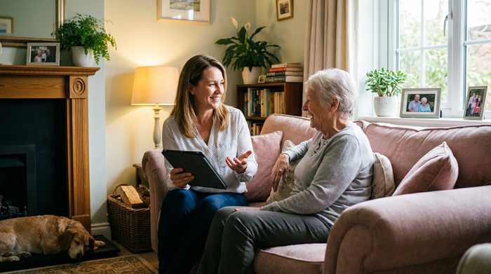 Eine freundliche Pflegeberaterin und eine ältere Frau sitzen in einem gemütlichen Wohnzimmer auf einem Sofa und unterhalten sich angeregt. Die Beraterin hält ein Tablet in der Hand. Vertrauensvolle Atmosphäre, weiches Licht, realistische Szene.