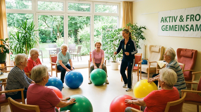 Eine Gruppe fröhlicher Senioren sitzt in einem hellen Gemeinschaftsraum im Kreis und macht leichte Gymnastikübungen mit bunten Bällen. Eine motivierte Betreuerin leitet die Gruppe an. Große Fenster, Blick in einen grünen Garten, lebendige und positive Stimmung.