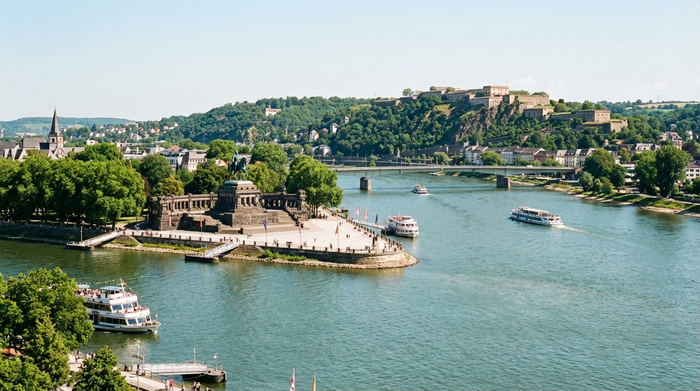 Eine malerische Ansicht von Koblenz am Deutschen Eck bei Sonnenschein, die Flüsse Rhein und Mosel fließen harmonisch zusammen, im Hintergrund thront die historische Festung Ehrenbreitstein. Realistische Landschaftsaufnahme.