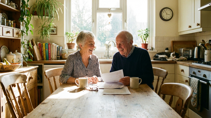 Ein älteres Ehepaar sitzt entspannt an einem Holztisch in einer sonnendurchfluteten Küche und bespricht lächelnd Dokumente. Eine Tasse Kaffee steht auf dem Tisch, gemütliche und positive Wohnatmosphäre.