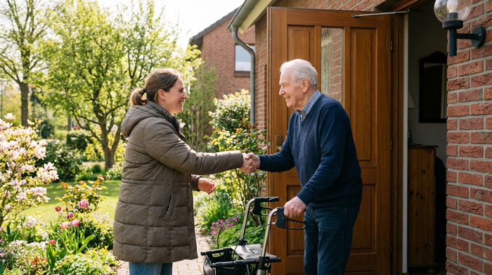 Eine freundliche Pflegekraft reicht einem älteren Herrn mit Rollator herzlich die Hand vor der geöffneten Haustür eines gepflegten Einfamilienhauses. Frühlingshaftes Wetter, vertrauensvolle Stimmung.