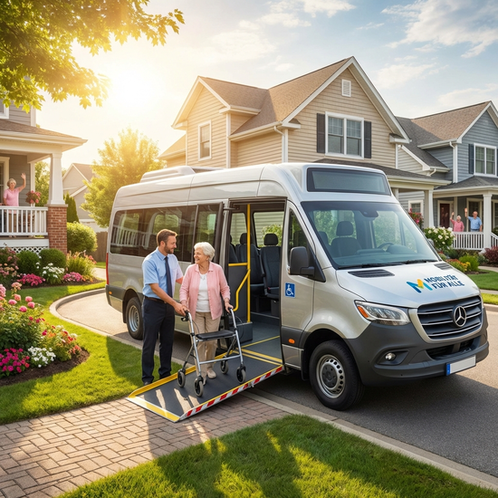 Ein moderner, barrierefreier Minibus mit geöffneter Rampe steht vor einem gepflegten Haus. Ein freundlicher Fahrer hilft einer lächelnden älteren Dame mit Rollator sicher in das Fahrzeug. Strahlender Sonnenschein in einer friedlichen Wohngegend.