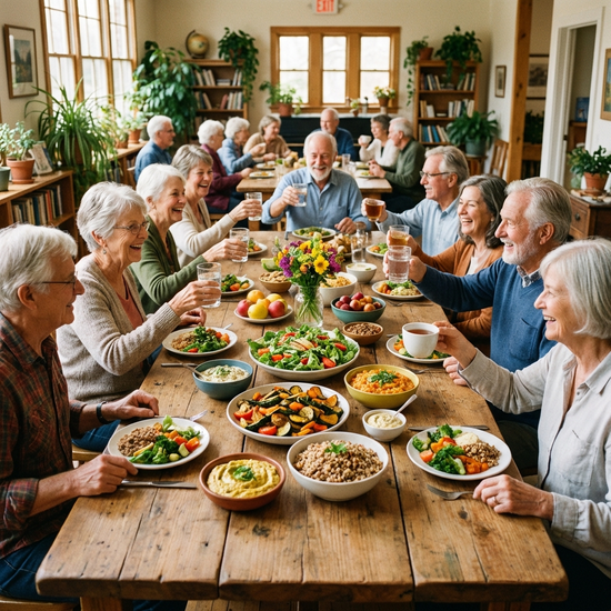 Senioren sitzen gemeinsam an einem großen Holztisch und genießen ein gesundes, buntes Mittagessen mit frischem Gemüse. Die Atmosphäre im Raum ist gesellig, warm und einladend.
