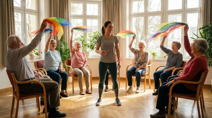 Mehrere Senioren sitzen in einem lichtdurchfluteten Raum im Kreis und machen leichte Sitzgymnastik mit bunten Chiffontüchern. Eine motivierte Therapeutin in sportlicher Kleidung macht die Übungen vor. Alle wirken fröhlich und aktiv.