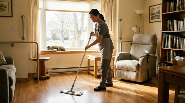 Eine professionelle Reinigungskraft in dezenter Arbeitskleidung wischt mit einem modernen Mopp den Holzboden in einem seniorengerechten, gemütlichen Wohnzimmer. Alles wirkt extrem sauber und gepflegt. Warmer Lichteinfall durch das große Fenster.