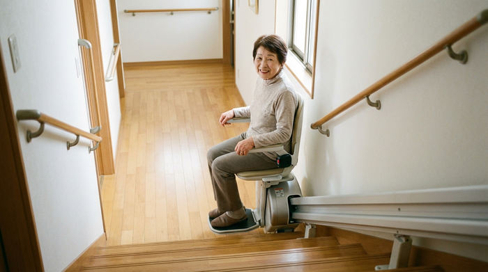 Eine rüstige Seniorin fährt sicher und entspannt mit einem modernen Treppenlift eine Holztreppe in ihrem Einfamilienhaus hinauf. Sie lächelt zufrieden in die Kamera. Im Hintergrund ein heller, barrierefreier Flur mit Haltegriffen.