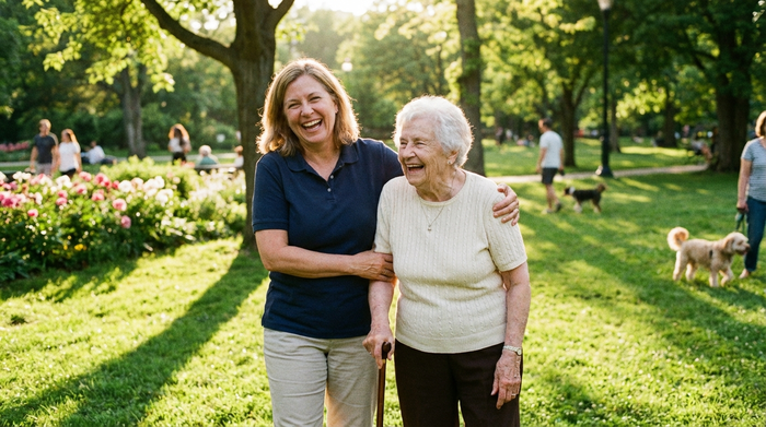 Eine einfühlsame Alltagsbegleiterin stützt eine ältere Dame beim gemeinsamen Spaziergang in einem grünen Park. Beide lachen herzlich. Sonniges Wetter, entspannte Stimmung, realistische Fotografie.