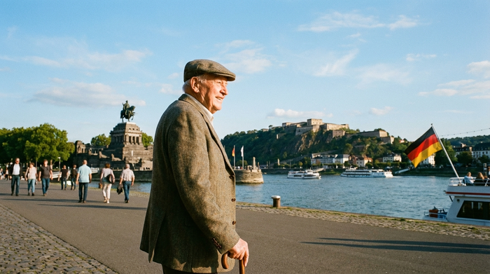 Ein älterer Herr mit Gehstock steht sicher an einer schönen Promenade mit Blick auf das Deutsche Eck in Koblenz. Blauer Himmel, friedliche Stimmung, realistische Szene.