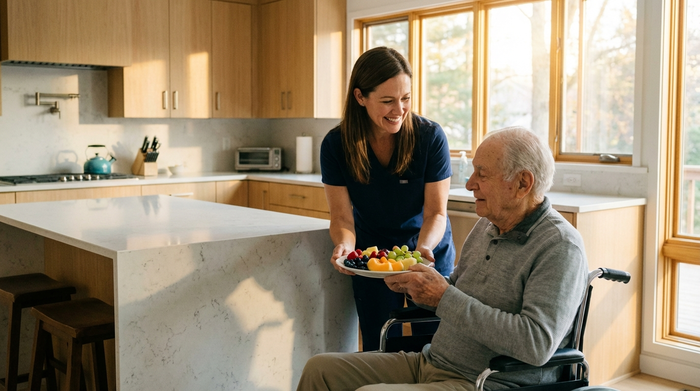 Eine aufmerksame Betreuerin reicht einem älteren Herrn liebevoll einen Teller mit frischem Obst. Die Szene spielt in einer sauberen, modernen Küche mit hellen Schränken und warmem Licht.