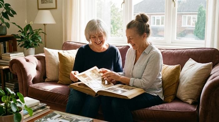 Zwei Frauen sitzen auf einem bequemen Sofa und schauen sich gemeinsam ein altes Fotoalbum an. Die Atmosphäre ist vertraut und entspannt, weiches Tageslicht fällt durch das Fenster.