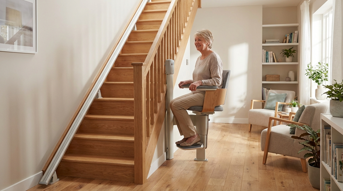 Ein moderner, unauffälliger Treppenlift in einem gepflegten Einfamilienhaus. Eine ältere Dame fährt sicher und mit einem Lächeln die Holztreppe hinauf. Helle Wände und gemütliche Einrichtung runden das Bild ab.