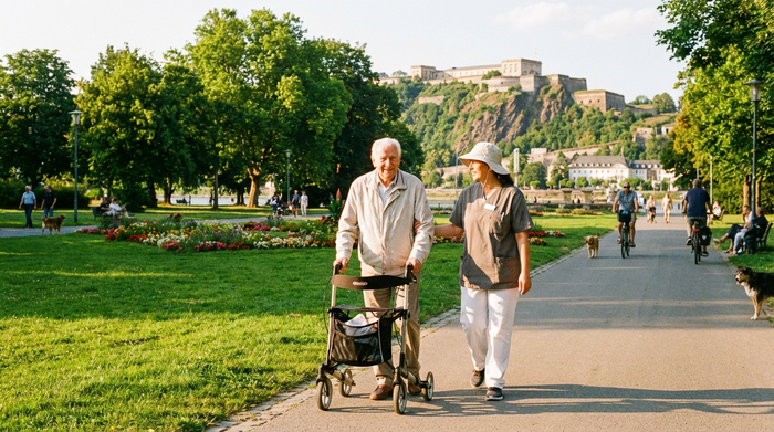 Eine Pflegerin und ein Senior spazieren an einem sonnigen Tag gemütlich durch einen grünen Park in Koblenz. Der Senior nutzt einen Rollator, die Pflegerin geht unterstützend an seiner Seite.
