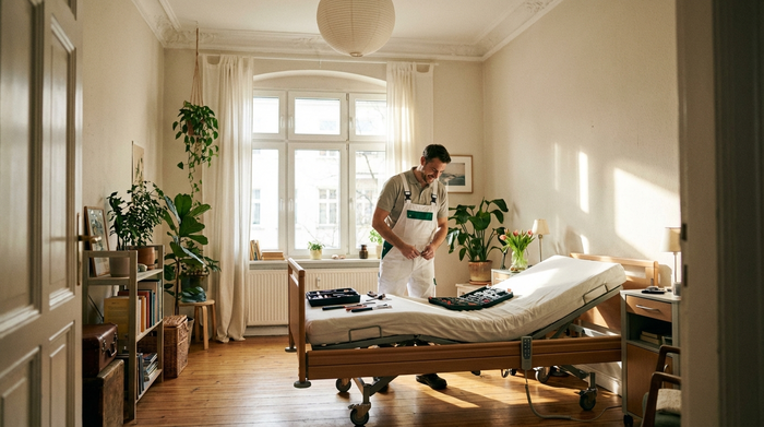 Ein freundlicher Techniker in sauberer Arbeitskleidung repariert konzentriert ein modernes Pflegebett in einem gemütlichen, hellen Schlafzimmer eines Altbaus. Sonneneinfall durch das Fenster, aufgeräumte und realistische Szene ohne Text.