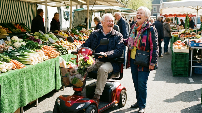 Ein fröhliches älteres Ehepaar ist an einem sonnigen Tag auf dem Wochenmarkt unterwegs. Der Ehemann sitzt bequem auf einem modernen, roten Elektromobil mit Korb, während seine Frau lachend daneben steht. Frisches Gemüse im Hintergrund, realistische Fotografie.