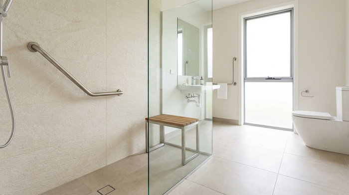 Ein helles, modernes und barrierefreies Badezimmer mit einer bodengleichen Dusche und einem stilvollen Haltegriff an der Wand. Hochwertige Fliesen, sauberes und sicheres Ambiente, keine Texte oder Diagramme.