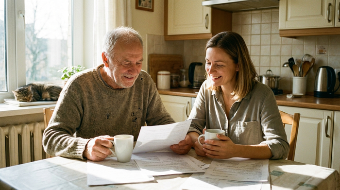 Ein älterer Herr sitzt gemeinsam mit seiner Tochter am Küchentisch und bespricht entspannt Dokumente. Beide lächeln erleichtert bei einer Tasse Kaffee. Helle, freundliche Atmosphäre, realistische Szene, keine lesbaren Texte auf den Papieren.