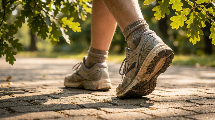 Nahaufnahme der Füße eines Senioren in bequemen, stützenden Laufschuhen auf einem gepflasterten Weg in einem sonnigen Park. Die Sonne scheint durch die Blätter. Fotorealistisch, Fokus auf das gesunde Schuhwerk und die aktive Bewegung.